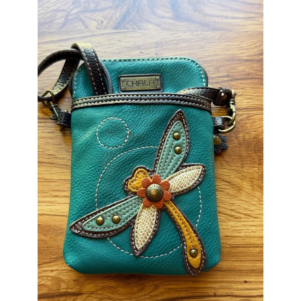 Chala Teal Dragonfly Applique Crossbody Cellphone Purse